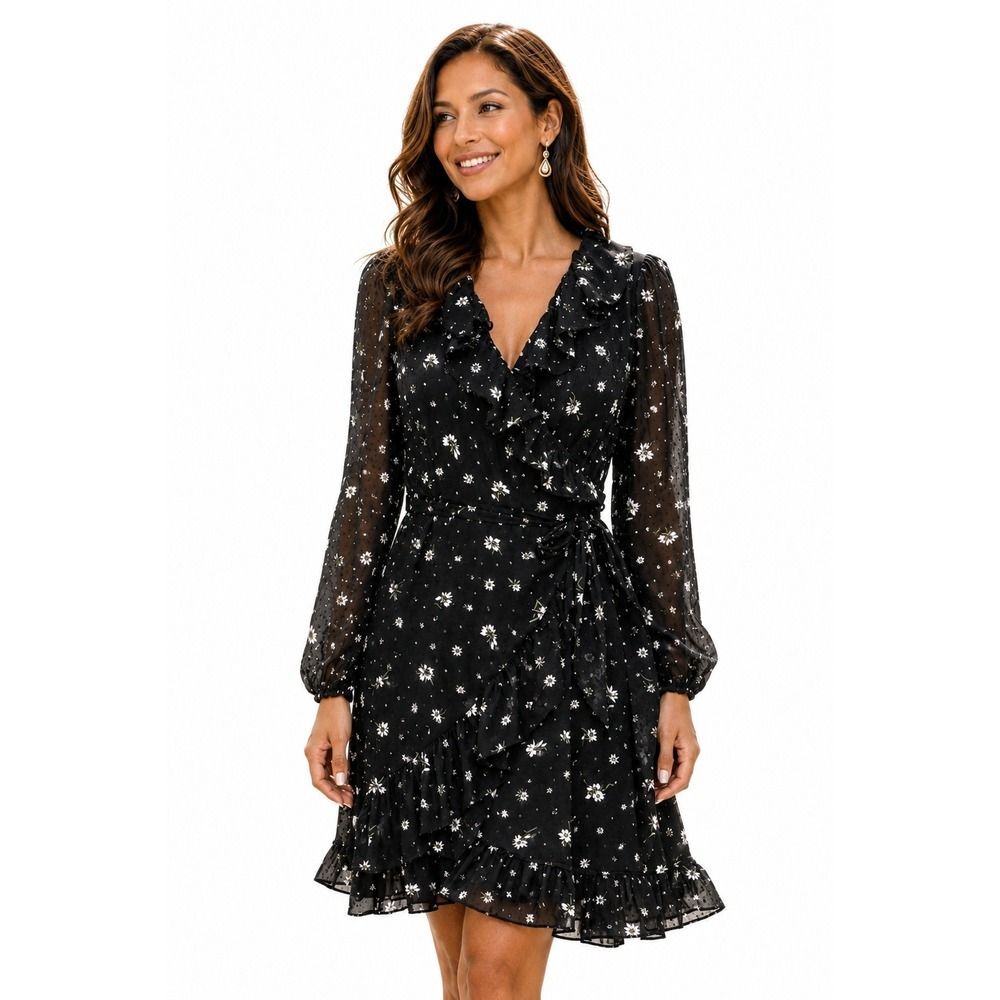Spring + Mercer Black White Floral Swiss Dot Wrap Style Mini Dress XS NWT